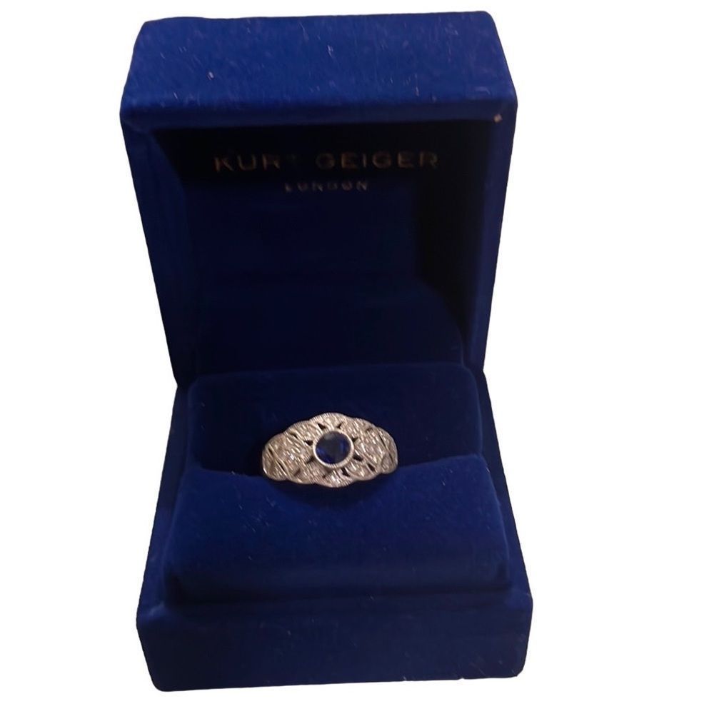 Art Deco 18k white gold band with real pave diamonds and sapphire ring